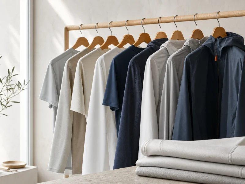 Premium unbranded technical apparel hangs in a bright studio