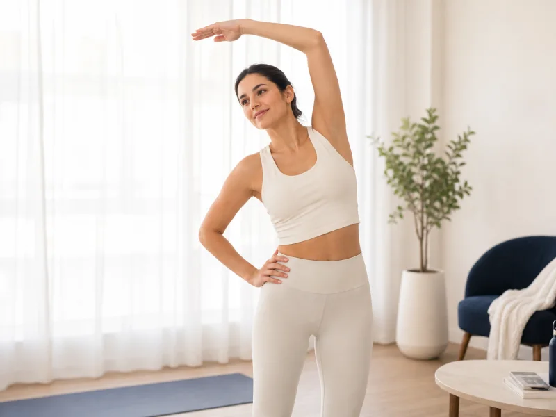 A woman in cream athletic clothing stretches beside a bright window