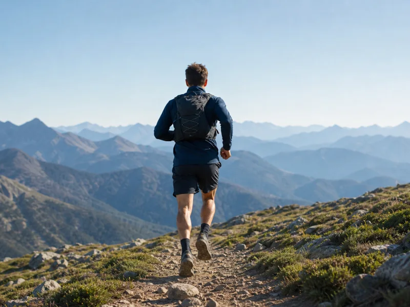 A trail runner moves along a high mountain path