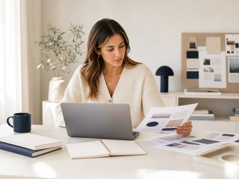 A publisher reviews clean layout proofs at a bright desk