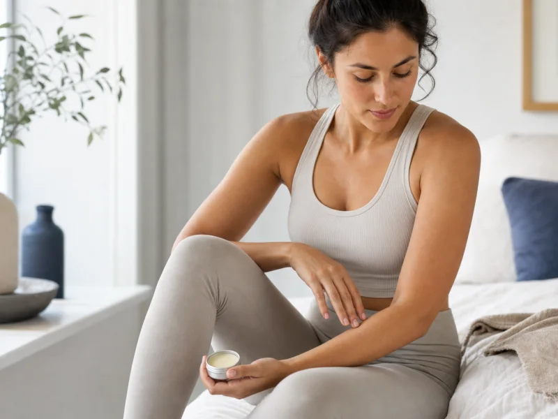 A woman prepares an unlabeled personal-care balm in a calm room